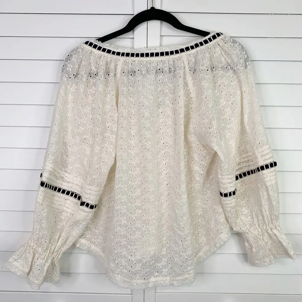 Free People Darcy Eyelet Blouse Top XS 100% Cotton Ladder Trim Puff Sleeve Ivory